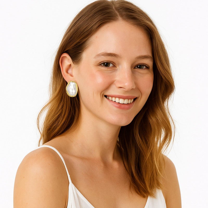 Dckazz Vintage Pearl Earrings Chunky 14K Gold Plated Statement Baroque Pearl Earrings for Women Stud Non Tarnish Stainless Steel - Image 3