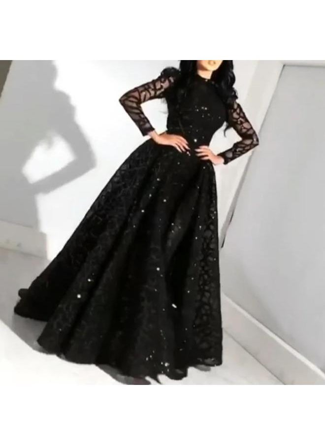 Generic Spring New European And American Women's Clothing Dress Round Neck Long Sleeve Sequ Puffy Evening Dress 