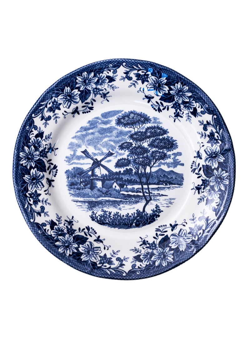 Claytan Earthenware Classic Blue Windmill & Floral Pattern Dinner Plate, 10.2 Inch, White | Premium Dinner Plate for Main Course, Pasta, Rice & Everyday Dining | Vintage Tableware for Home, Office - Image 1