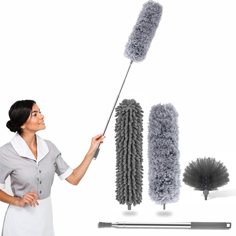 Microfiber Feather Duster 4PCS Extendable Bendable Dusters with Long Extension Pole Washable Lightweight Dusters for Cleaning Ceiling Fan High Ceiling 3 in 1 Duster