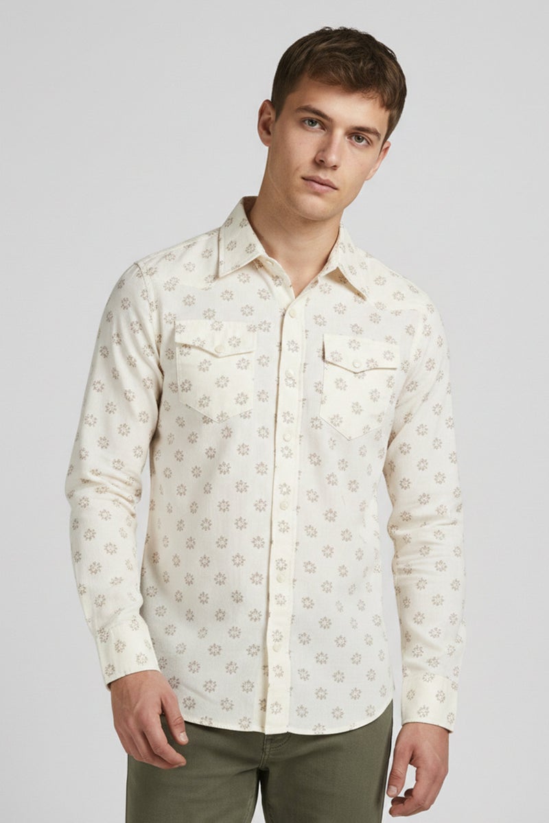 Wrangler Men Regular Fit Allover Print Long Sleeves Casual Shirt, Beige - Image 1