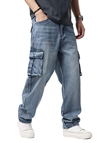 Idopy Men`s Loose Fit Motorcycle Multi-Pockets Workwear Denim Cargo Jeans Plus Size (2671 Blue, 40) - Image 1