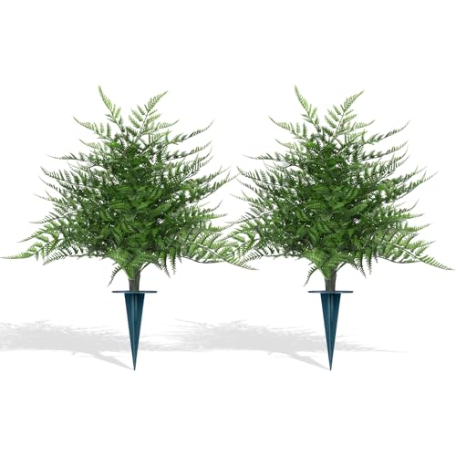 Grooy Artificial Fern Topiary Ball with Ground Spike, Set of 2 Realistic Boston Fern Plants Shrub, Fake UV Resistant Evergreen Bushes Tree for Porch Garden Indoor Outdoor Decor - Image 1