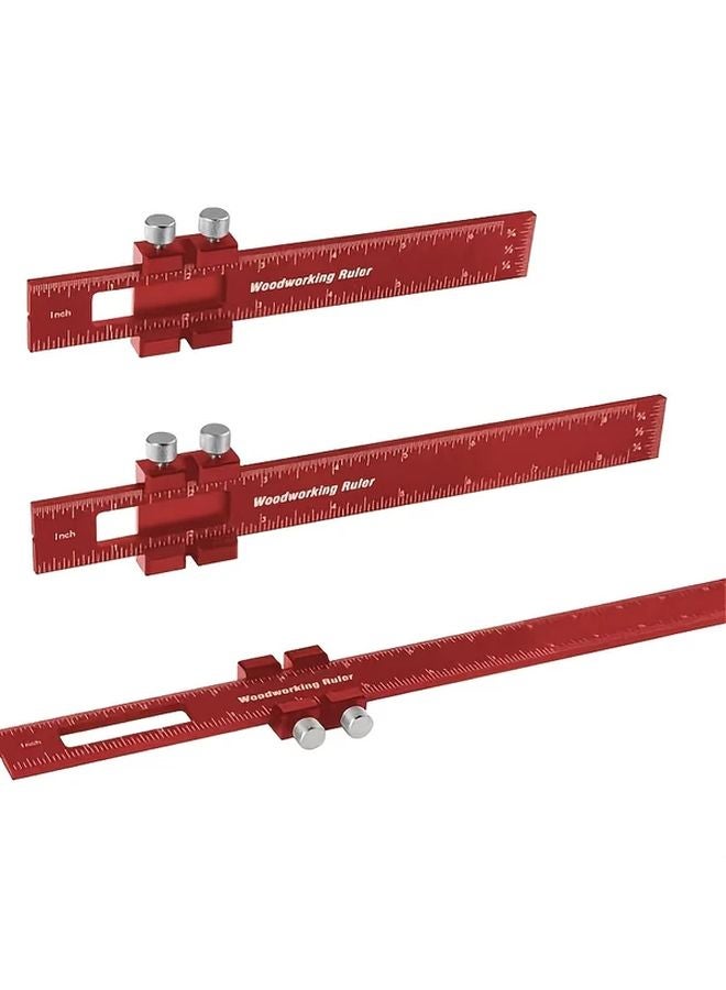 Red Three Piece Precision Woodworking Rulers with Sliding Limiters Imperial Metric - Image 2