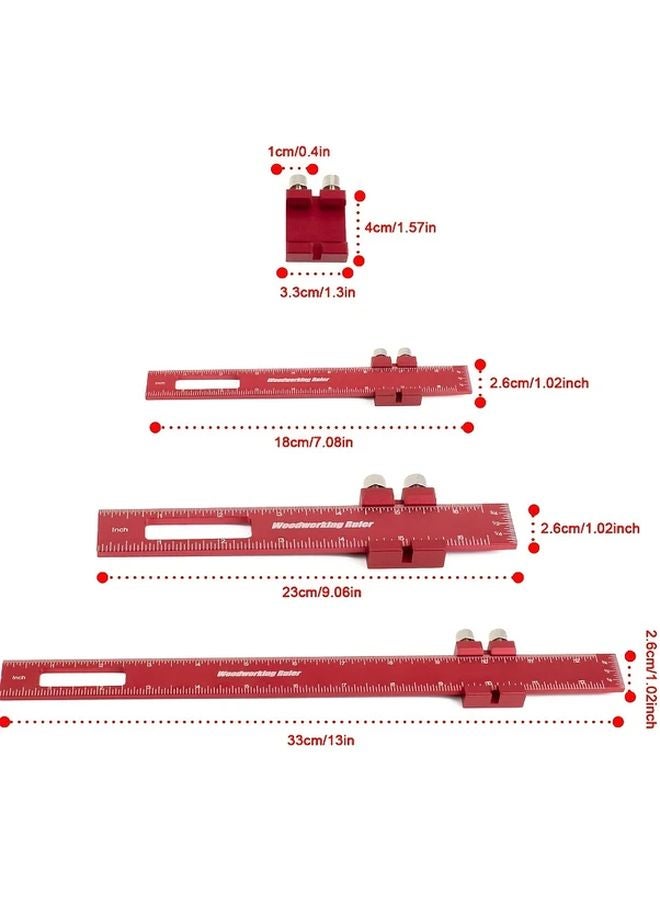 Red Three Piece Precision Woodworking Rulers with Sliding Limiters Imperial Metric - Image 4