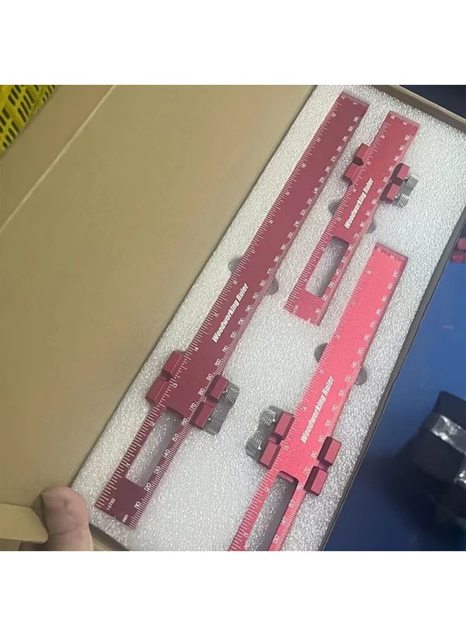 Red Three Piece Precision Woodworking Rulers with Sliding Limiters Imperial Metric - Image 1