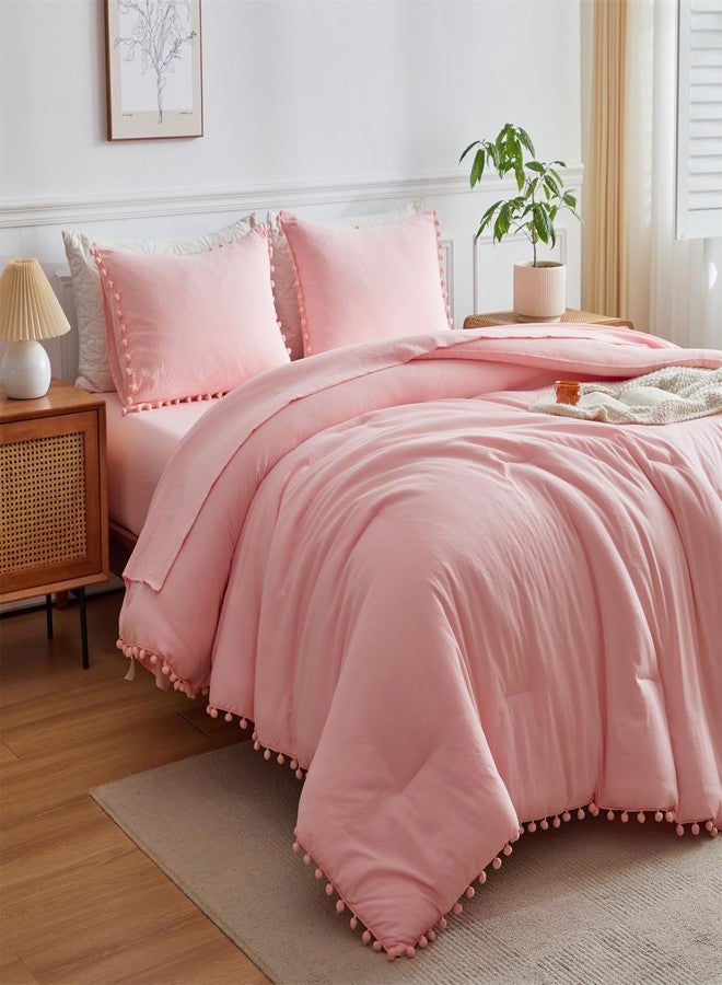 IHOUSTRIY Kid's Pink Beddig Comforter Set Twin Size - Bed in a Bag Twin 5 Pieces for Teen Girls, Ball Pom Fringe Bedding Sets with Bed Comforter, Sheets, Pillowcases - Image 2