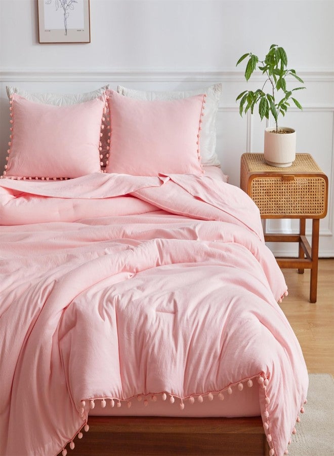 IHOUSTRIY Kid's Pink Beddig Comforter Set Twin Size - Bed in a Bag Twin 5 Pieces for Teen Girls, Ball Pom Fringe Bedding Sets with Bed Comforter, Sheets, Pillowcases - Image 1