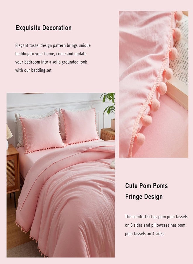 IHOUSTRIY Kid's Pink Beddig Comforter Set Twin Size - Bed in a Bag Twin 5 Pieces for Teen Girls, Ball Pom Fringe Bedding Sets with Bed Comforter, Sheets, Pillowcases - Image 3