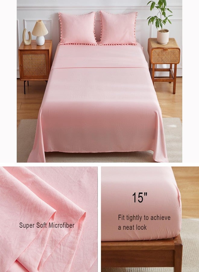 IHOUSTRIY Kid's Pink Beddig Comforter Set Twin Size - Bed in a Bag Twin 5 Pieces for Teen Girls, Ball Pom Fringe Bedding Sets with Bed Comforter, Sheets, Pillowcases - Image 4