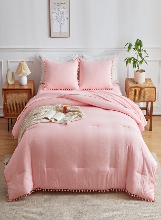 IHOUSTRIY Kid's Pink Beddig Comforter Set Twin Size - Bed in a Bag Twin 5 Pieces for Teen Girls, Ball Pom Fringe Bedding Sets with Bed Comforter, Sheets, Pillowcases - Image 5