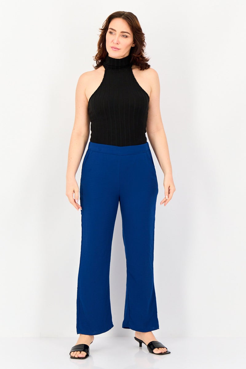 ONLY Women Regular Fit Solid Wide Leg Pants, Blue - Image 4