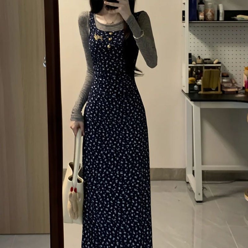 G French Style Pure Desire Style Floral Dress with Slip suit Womens Early Autumn Base Shirt Long Sleeve Round Neck T-Shirt Spice Girls Slim-fit Long Dress Dress