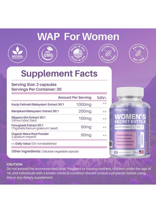 مرطب مهبلي MEGNETA، كاسيب فاطمة 1,000 ملغ ومانجاكيني 200 ملغ لصحة المرأة الحميمة، شجرة الزلق للنساء، نباتي، 60 كبسولة - Image 2