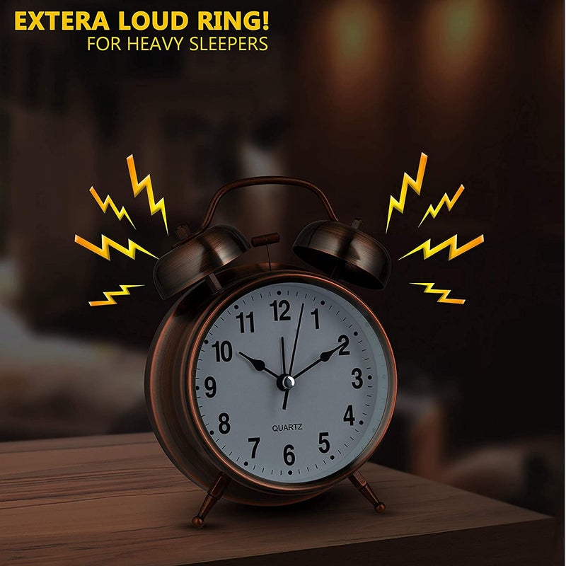 HOMAVA Products Analog Alarm Clock Twin Bell Retro Copper Metal Extra Loud Quartz Battery Operated with Backlight for Bedside Table Vintage Silent NonTicking - Image 5