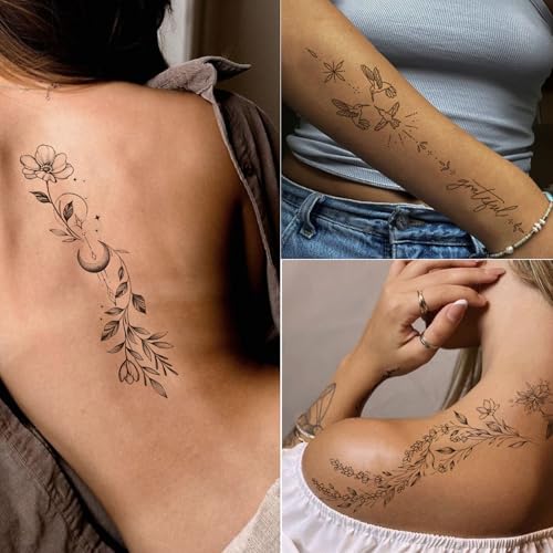 Tazimi Temporary Tattoos For Women Girls-24 Sheets Branch Flower Leaf Wild Plants Sketch Realistic Long-lasting Tattoo Stickers Waterproof Tattoo Sets for Arm Collarbone Leg Backbone Body Art - Image 2