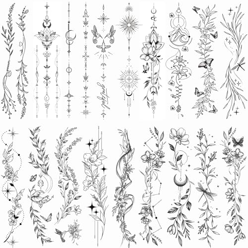 Tazimi Temporary Tattoos For Women Girls-24 Sheets Branch Flower Leaf Wild Plants Sketch Realistic Long-lasting Tattoo Stickers Waterproof Tattoo Sets for Arm Collarbone Leg Backbone Body Art - Image 1