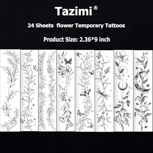 Tazimi Temporary Tattoos For Women Girls-24 Sheets Branch Flower Leaf Wild Plants Sketch Realistic Long-lasting Tattoo Stickers Waterproof Tattoo Sets for Arm Collarbone Leg Backbone Body Art - Image 5