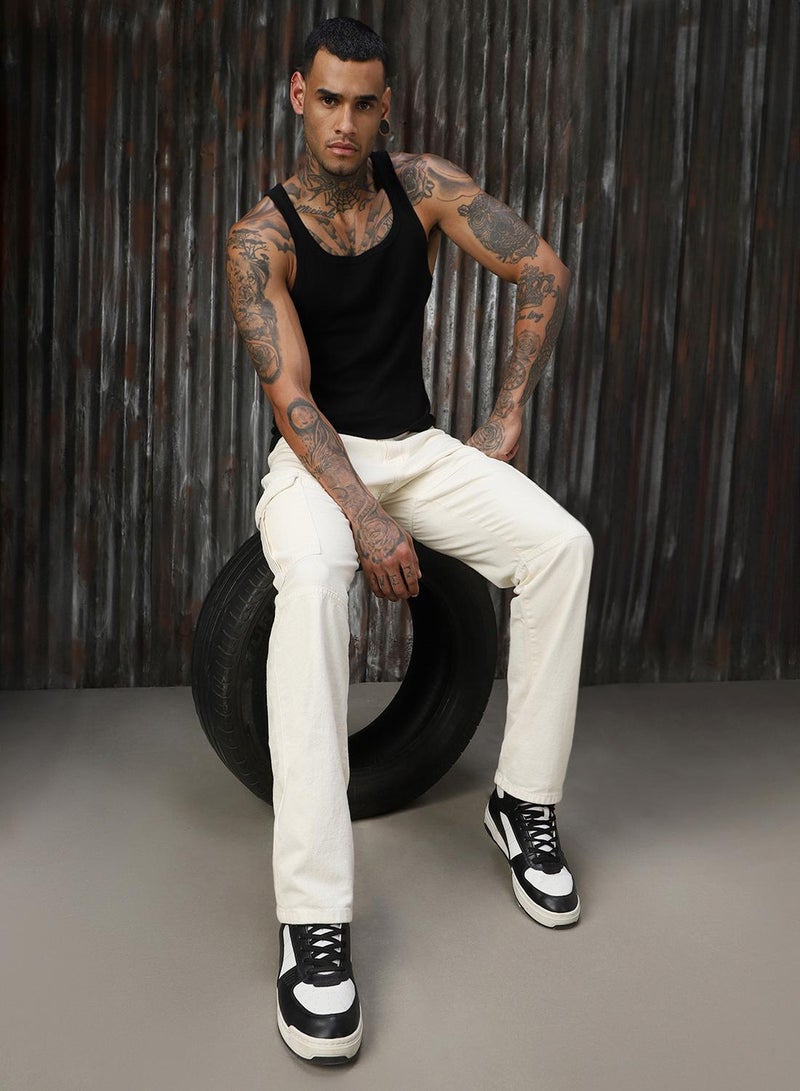 هاي ستار جينز رجالي قطن % بلون بيج فاتح بتصميم ممزق وقصة مستقيمة بطول كامل - Image 1