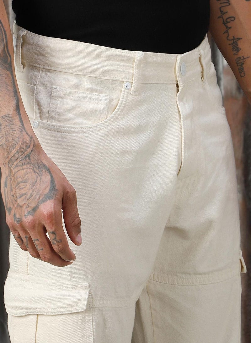 هاي ستار جينز رجالي قطن % بلون بيج فاتح بتصميم ممزق وقصة مستقيمة بطول كامل - Image 5