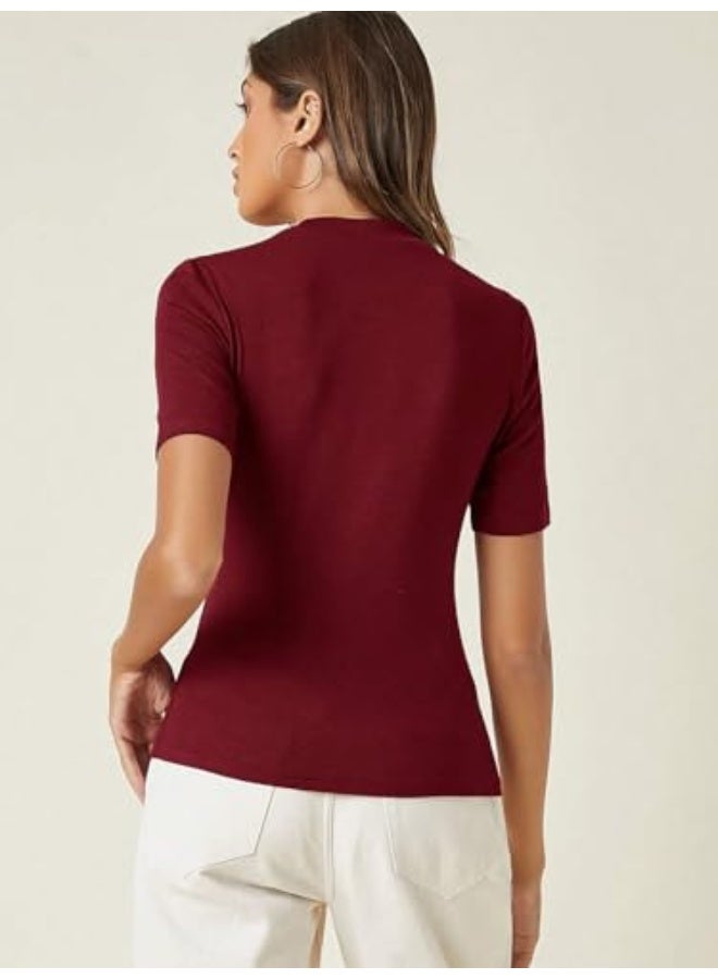 KOTTY Women's Slim Fit Half Sleeve Ribbed T-Shirt(Red_L)_KTTTSHIRT517L - Image 2