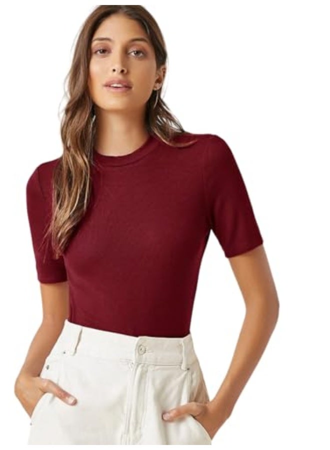 KOTTY Women's Slim Fit Half Sleeve Ribbed T-Shirt(Red_L)_KTTTSHIRT517L - Image 1