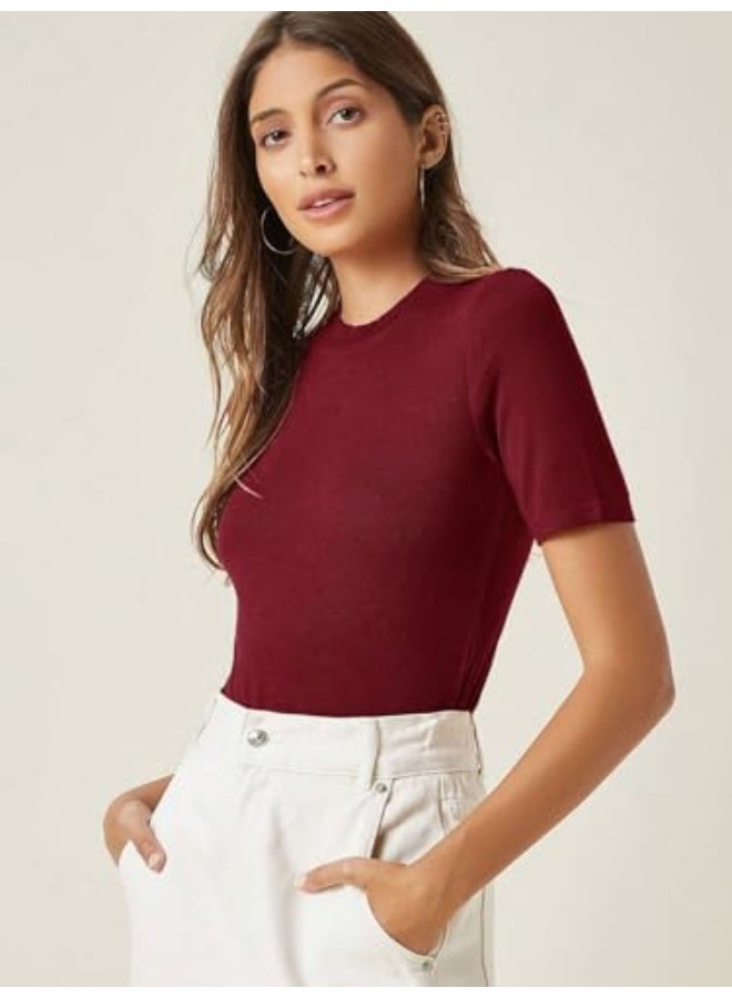 KOTTY Women's Slim Fit Half Sleeve Ribbed T-Shirt(Red_L)_KTTTSHIRT517L - Image 3