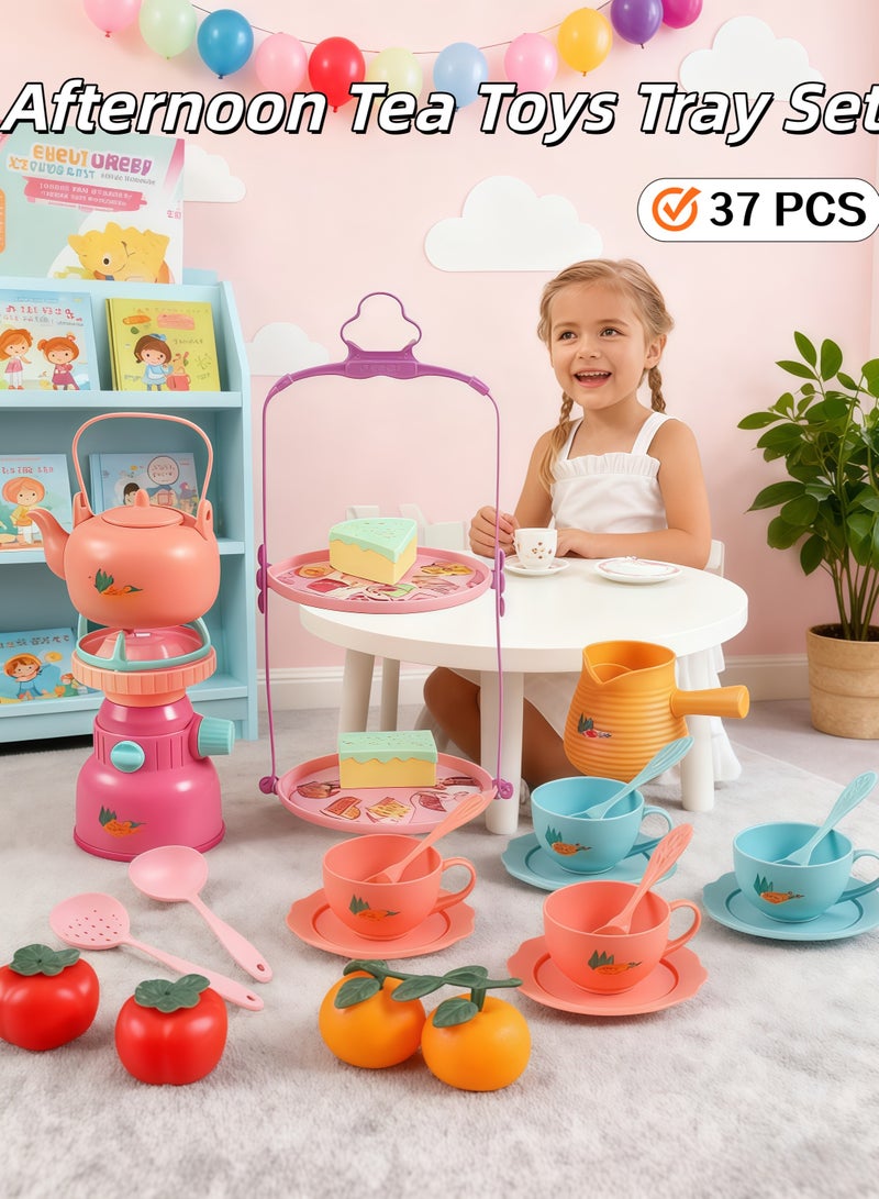 إيزي سو مجموعة صينية ألعاب شاي ما بعد الظهيرة باللون الوردي، 37 قطعة، مجموعة ألعاب طبخ، ألعاب محاكاة لحفلات شاي ما بعد الظهيرة، ملحقات ألعاب مطبخ الطعام التظاهري، ألعاب تعليمية هدايا للبنات والأولاد من سن 3 سنوات فما فوق - Image 1