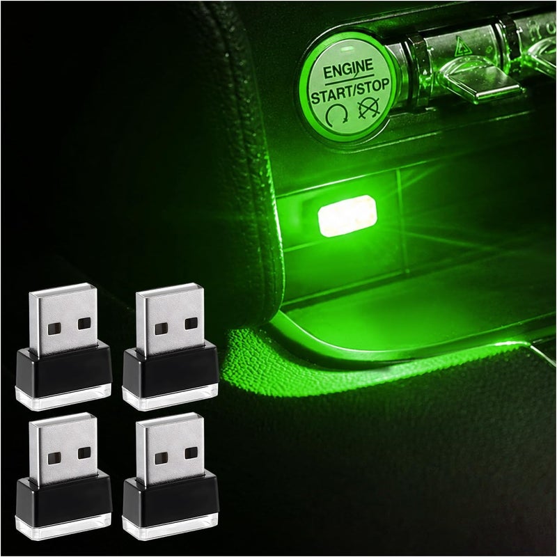 Augeny 4 PCS USB LED Car Interior Atmosphere Lamp, Plug-in USB Decor Night Light, Portable Auto Ambient Lighting Kit, Universal Vehicle Interior Accessories for Most Cars (Green) - Image 1