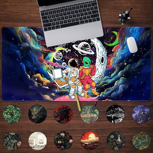 Mechanical Cattle Funny Space Mouse Pad Desk Mat Astronaut Alien Large Gaming Mouse Pads Anime Desk Pad Mousepad XXL Cool Trippy Universe Extended Keyboard Mat with Stitched Edges AntiSlip 315 X 158 in - Image 3
