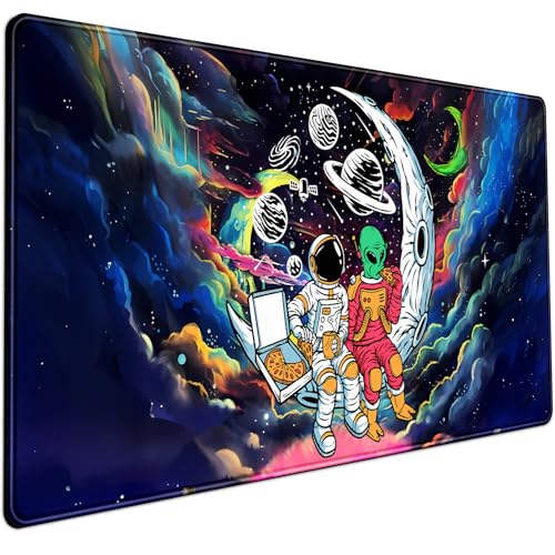 Mechanical Cattle Funny Space Mouse Pad Desk Mat Astronaut Alien Large Gaming Mouse Pads Anime Desk Pad Mousepad XXL Cool Trippy Universe Extended Keyboard Mat with Stitched Edges AntiSlip 315 X 158 in - Image 1