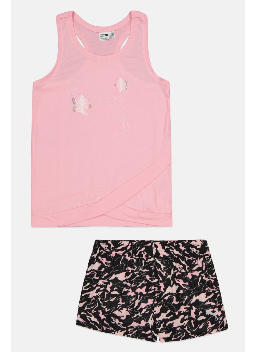 PUMA - Kids Girl 2 Pieces Sportswear Fit Brand Logo Top and Short Set,  Pink - Image 1