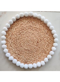 Recho Recho Jute Placemat with White Woolen Pompoms for Center Dining Table 14 Inch  - Image 1