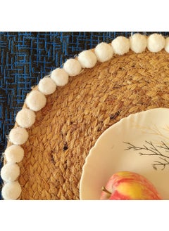 Recho Recho Jute Placemat with White Woolen Pompoms for Center Dining Table 14 Inch  - Image 2