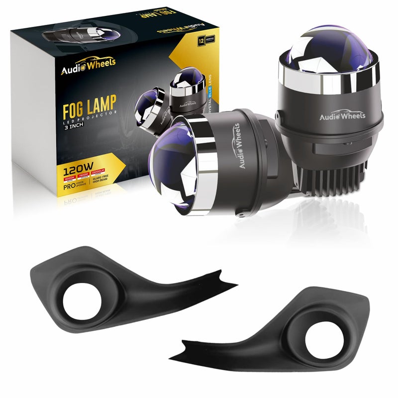 Audio Wheels 3" LED Projector Fog Lamp with Cover - 120W, Tri-Color (White/Warm/Yellow) | with Blue Tint Film | 12V/24V Fog Light for Car & Vehicle Modification | For Maruti Suzuki Swift 2018 - Image 4