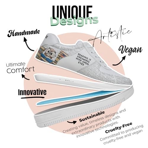 DOGO White Sneakers for Women - Handmade Women's Fashion Sneakers, Vegan Leather and Unique Design Dice Sneakers The Wise Owl Design, Size 9 - Image 4