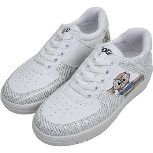 DOGO White Sneakers for Women - Handmade Women's Fashion Sneakers, Vegan Leather and Unique Design Dice Sneakers The Wise Owl Design, Size 9 - Image 2