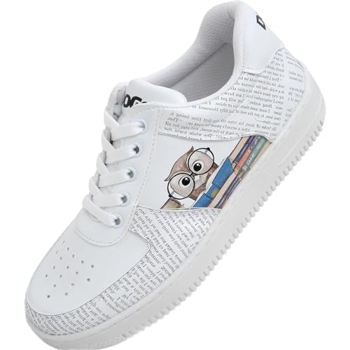 DOGO White Sneakers for Women - Handmade Women's Fashion Sneakers, Vegan Leather and Unique Design Dice Sneakers The Wise Owl Design, Size 9 - Image 1