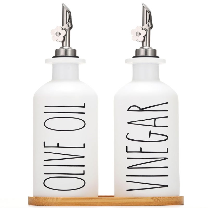 HOMCDALY Premium Olive Oil Dispenser for Kitchen 118oz Glass Oil Bottles with Bamboo Tray White OilVinegar Cruet Set Kitchen Dispenser Bottles with Pourer Set of 2 118oz PWhite