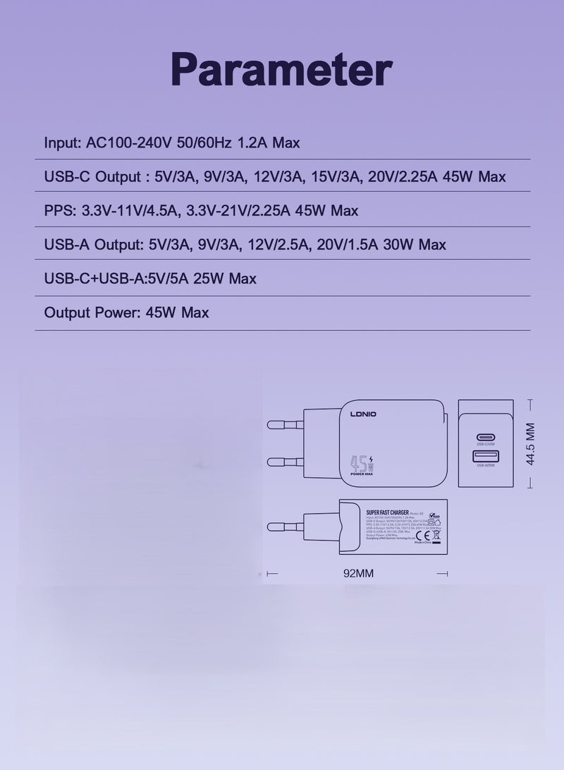 LDNIO Charger PD 45W USB-A+USB-C Super Fast Charger Support PD3.0/PPS/QC4+/QC3.0