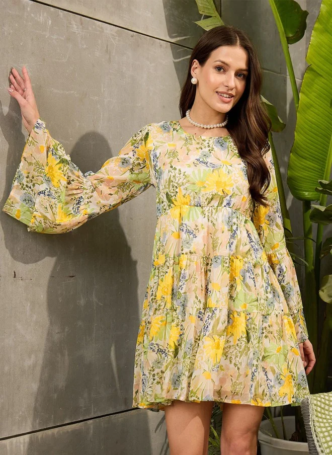 SASSAFRAS Floral Print Georgette Fit & Flare Mini Dress for Women