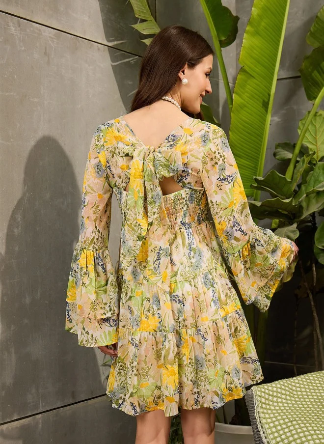 SASSAFRAS Floral Print Georgette Fit & Flare Mini Dress for Women