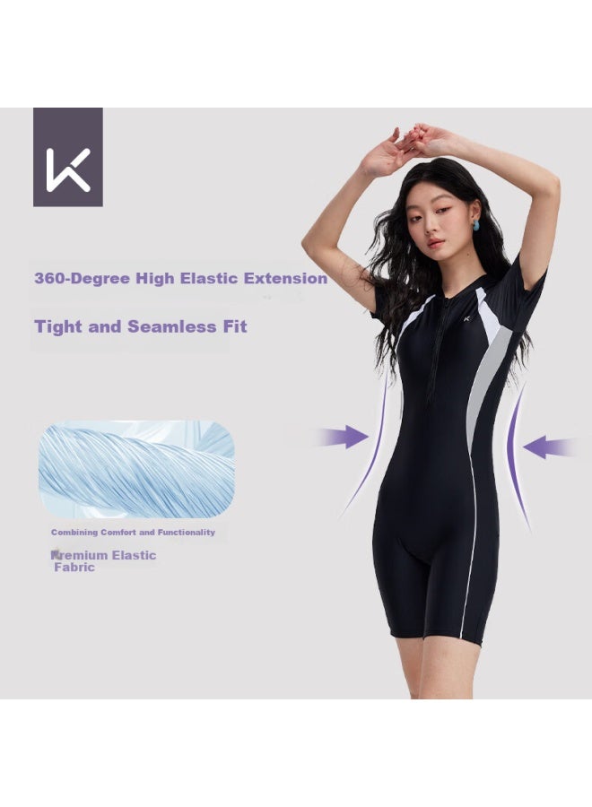 Keep Women's One-piece Knee-length Professional Slim Chlorine-resistant Racing Swimsuit L Black - Image 2