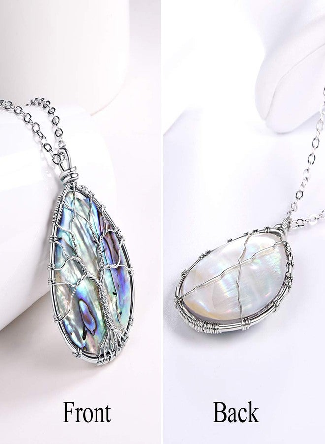 FOCALOOK Long Necklaces for Women Abalone Necklaces Boho Jewelry Stainless Steel Tree of Life Wire Wrapped Light Blue Teardrop Abalone Shell Pendant 29.5+2Inch - Image 4