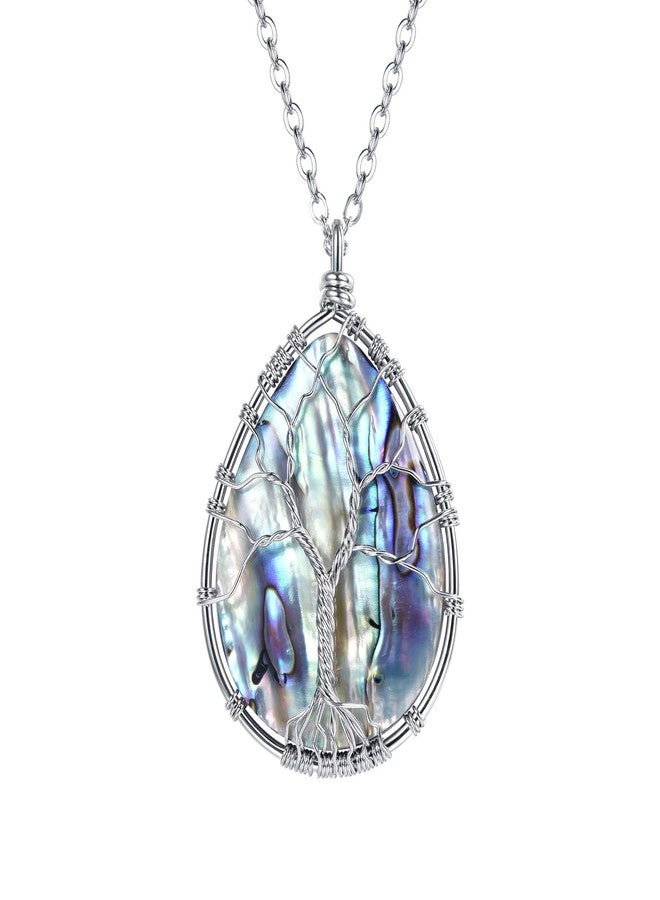 FOCALOOK Long Necklaces for Women Abalone Necklaces Boho Jewelry Stainless Steel Tree of Life Wire Wrapped Light Blue Teardrop Abalone Shell Pendant 29.5+2Inch - Image 1