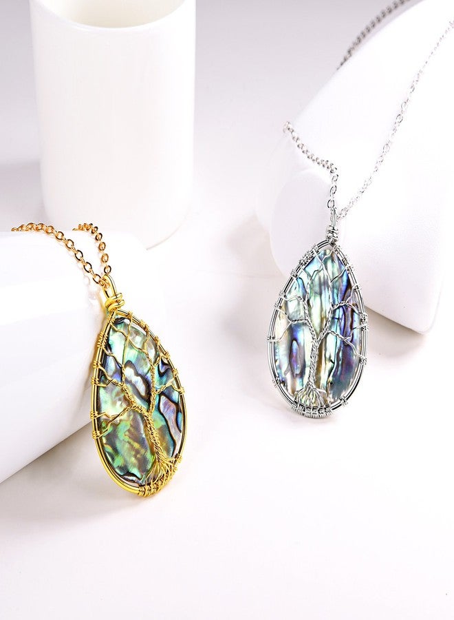 FOCALOOK Long Necklaces for Women Abalone Necklaces Boho Jewelry Stainless Steel Tree of Life Wire Wrapped Light Blue Teardrop Abalone Shell Pendant 29.5+2Inch - Image 2