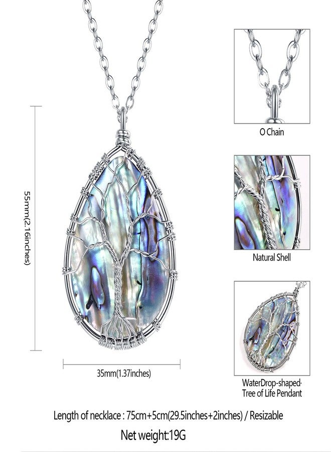 FOCALOOK Long Necklaces for Women Abalone Necklaces Boho Jewelry Stainless Steel Tree of Life Wire Wrapped Light Blue Teardrop Abalone Shell Pendant 29.5+2Inch - Image 3