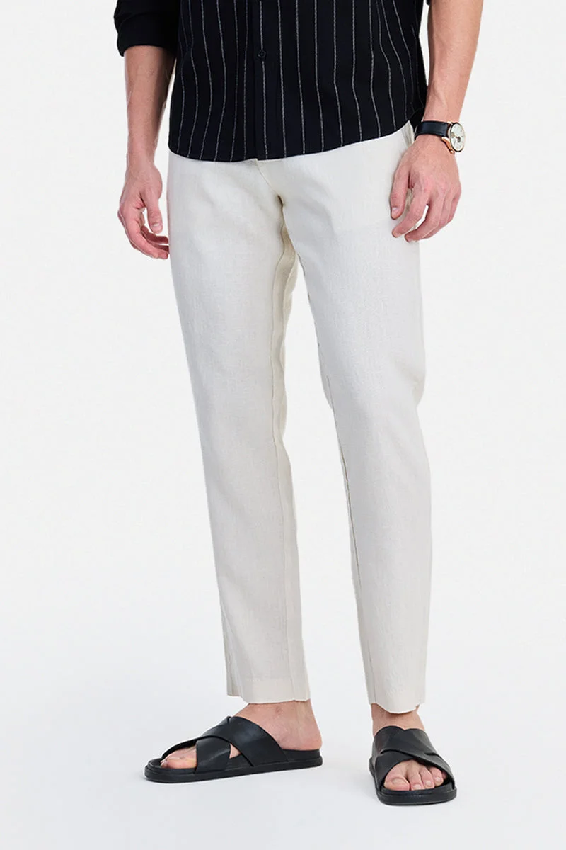 سنيتش Cream Solid Regular Fit Trousers