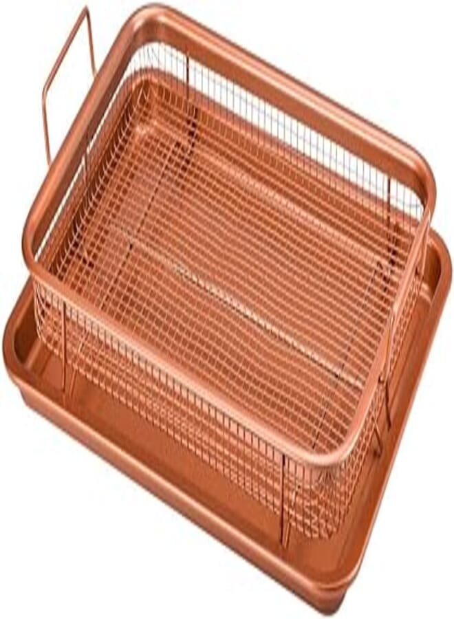 Ossian Copper Crisper Tray Set – Premium 2pc Non-Stick Oven Baking Tray with Elevated Mesh Crisping Basket for 360° Heat Air Circulation and Handles - Even Healthy Oil Fat Free Home Kitchen Cooking