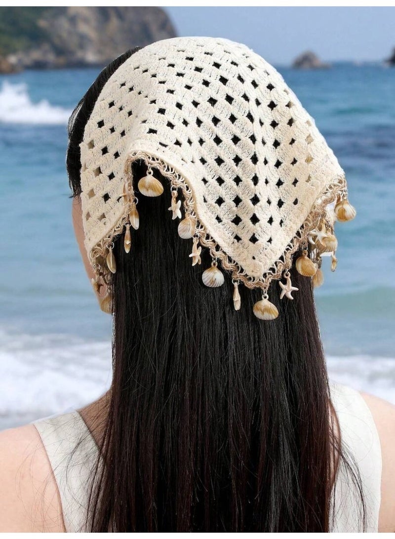 عصابة رأس نسائية كروشيه بتصميم أصداف ونجوم بحر بوهيمية إكسسوار شعر صيفي للشاطئ والعطلات - Image 1